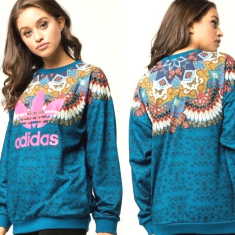 FARM RIO × ADIDAS Collab BLUE Butterflies FEATHERS Leggings P/O Sweatshirt SET S